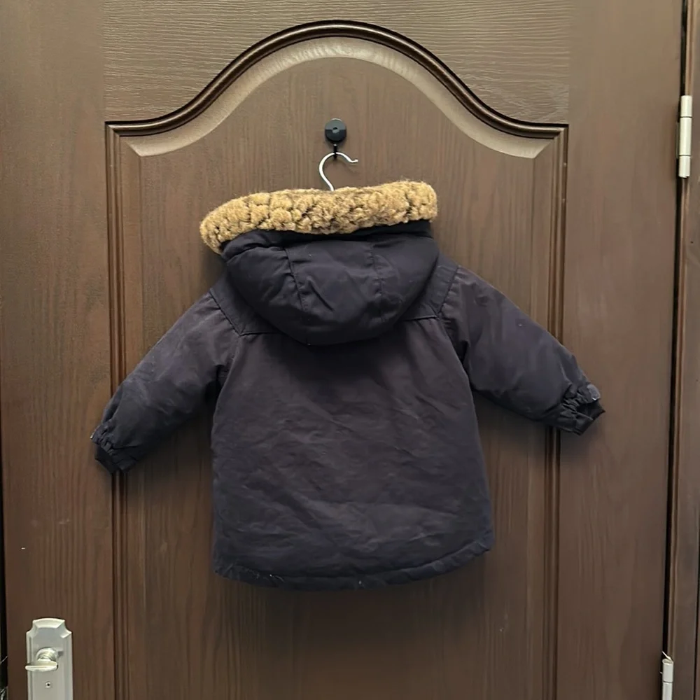 Zara Baby Boy Down Puffer Parka Coat Faux Fur Hood Navy Size 18/24M
